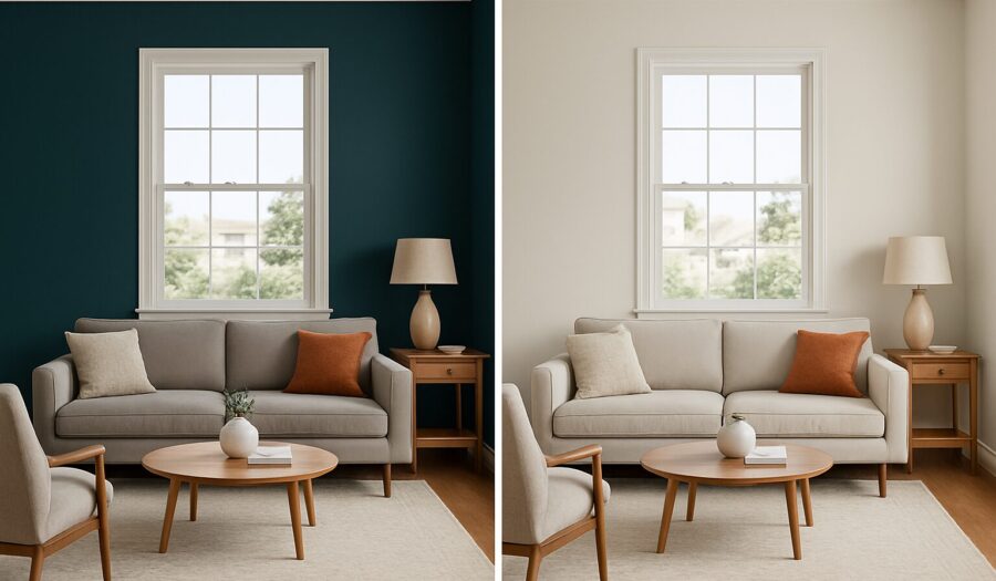 side by side comparison of bold and neutral paint color in a room with a sofa and table